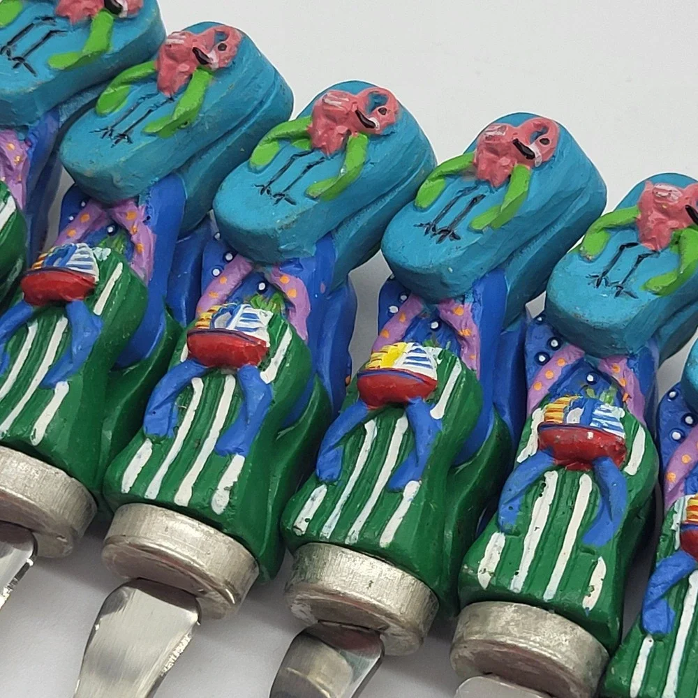 Appetizer Forks Novelty Flip Flops Flamingo & Fish Summer Cocktail Set Of 8